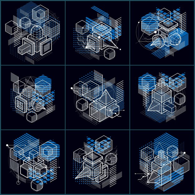 Fonds abstraits avec lignes isométriques, illustrations vectorielles. Modèles réalisés avec des cubes, des hexagones, des carrés, des rectangles et différents éléments abstraits. Ensemble vectoriel.