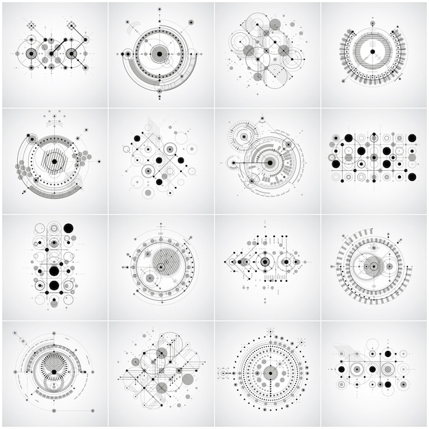 Fonds d'écran rétro Bauhaus, ensemble d'arrière-plans vectoriels d'art réalisés à l'aide d'une grille de lignes et de cercles. L'illustration graphique géométrique des années 1960 peut être utilisée comme conception de couverture de livrets. Modèles technologiques.