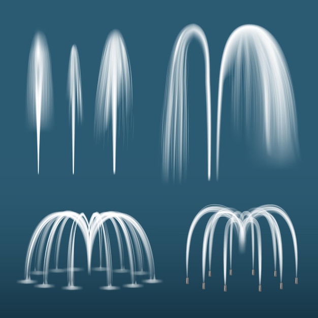 Fontaine réaliste. L'eau décorative éclabousse les liquides de pulvérisation de la collection de modèles vectoriels de jet de fontaine. Éclaboussure de fontaine d'illustration, mouvement décoratif d'eau de ruisseau pour le décor de jardin