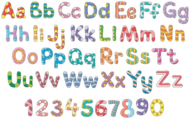 Fonte Amusante Pour Enfants Avec Un Alphabet Anglais Coloré Et Des Chiffres Un Ensemble Vectoriel De Lettres Et De Chiffres