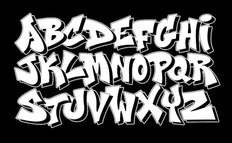 Vecteur fonte d'art de rue graffiti urbain alphabet tranchant et typographie moderne dessinée à la main décrites en majuscules avec ombre 3d pour la culture de rue hip hop inspiré de lettres ensemble de conception vectorielle