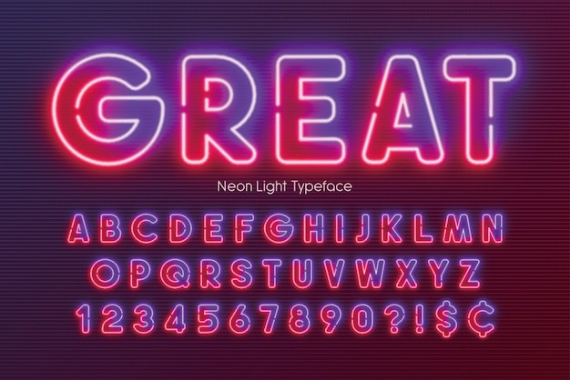 Vecteur fonte lumineuse au néon, alphabet multicolore, extra lumineuse, contrôle exclusif de la couleur de l'échantillon