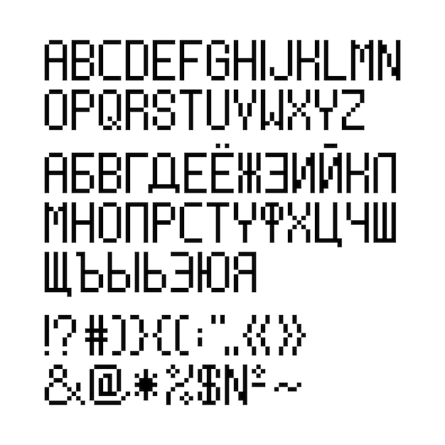 Fonte en pixels des alphabets russe et anglais et jeu vectoriel de caractères écrits