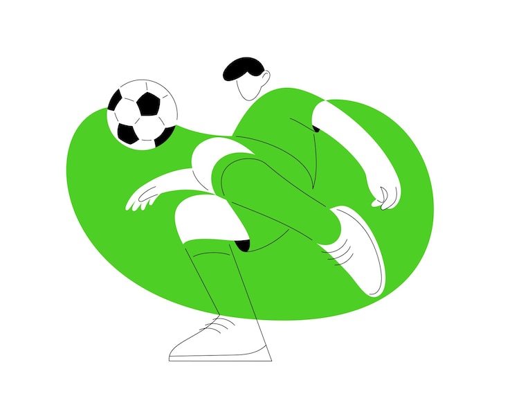 Vecteur footballeur en uniforme vert donne un coup de pied au ballon football illustration vectorielle de jeu de sport dans un style plat avec contour frapper le ballon joueur de football modèle isolé dessin au trait