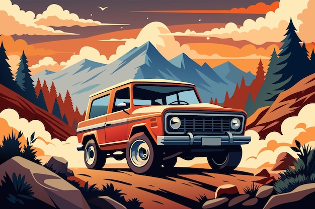 Vecteur une ford bronco rétro conduisant à travers un sentier de montagne accidenté avec de la poussière qui se lève derrière les pneus et de l'aventure dans les airs