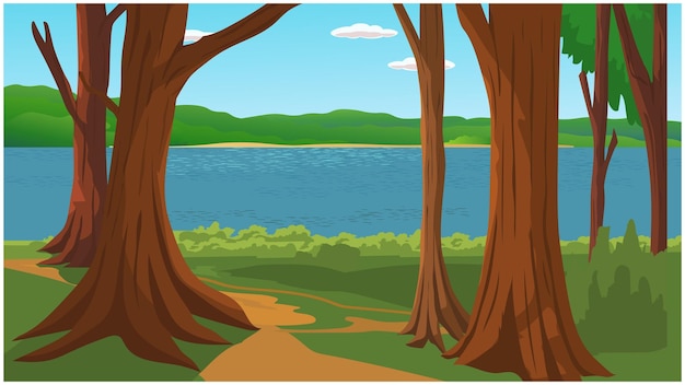 Forêt Au Bord De La Rivière Avec Vieil Arbre Et Eau Bleue Pour Fond De Dessin Animé.