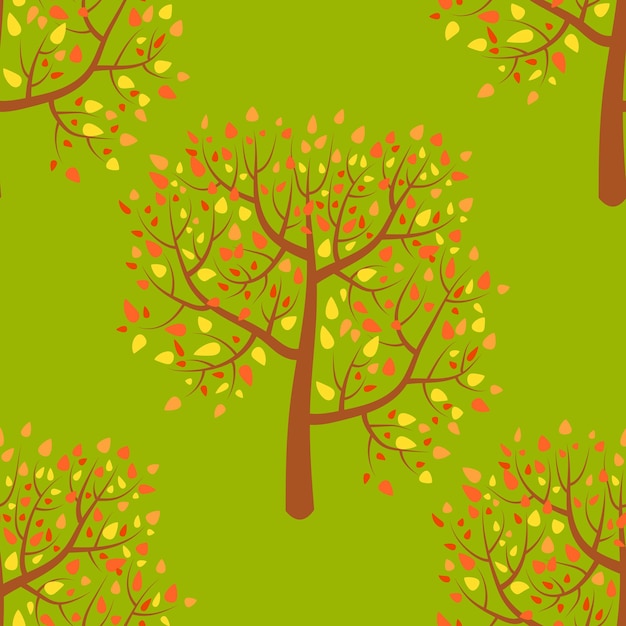 Vecteur forêt d'automne de dessin animé sur fond vert. modèle sans couture de bois avec des arbres.