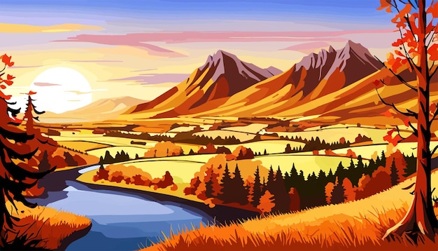 Vecteur forêt d'automne le matin paysage d'automne montagnes et rivières illustration vectorielle moderne