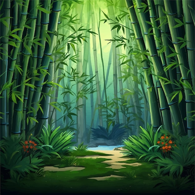 Vecteur forêt de bambous avec des arbres et des plantes fond de jeu de grotte
