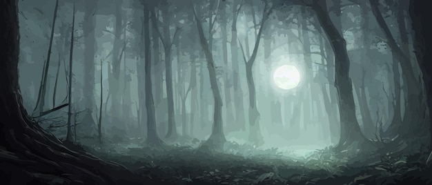 Vecteur forêt brumeuse silhouette d'arbre sombre arbres astuces dans la brume bleue brouillard dans le vecteur de forêt de nuit