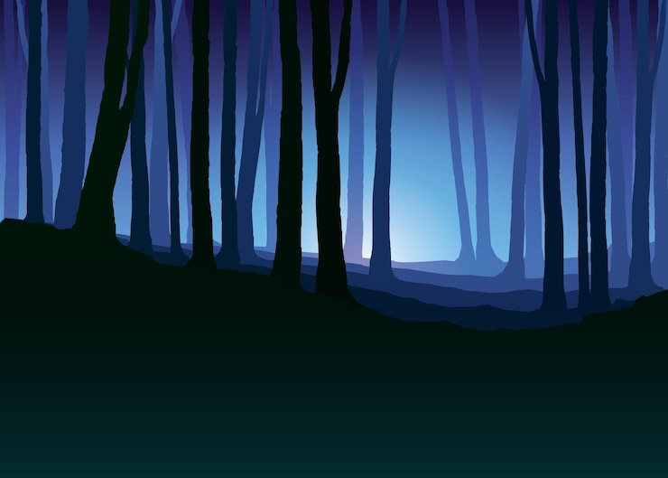 Vecteur forêt brumeuse silhouette d'arbre sombre troncs d'arbres dans la brume bleue brouillard dans l'illustration vectorielle de nuit forêt