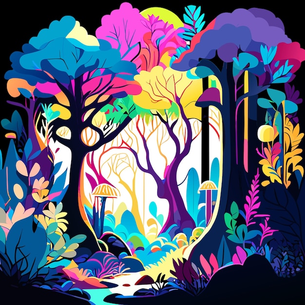 Vecteur une forêt capricieuse remplie de couleurs vives dans un style illustratif créant un encha magique et