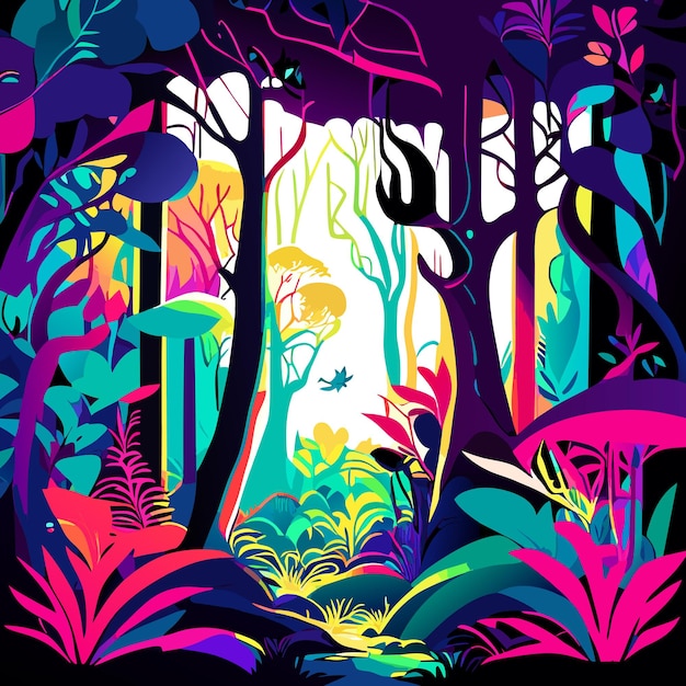 Vecteur une forêt capricieuse remplie de couleurs vives dans un style illustratif créant un encha magique et