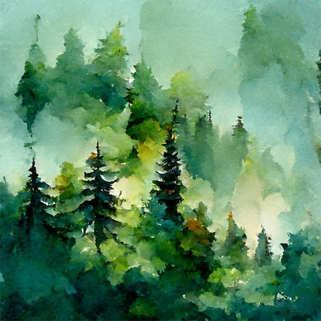 Forêt de conifères verte dans les montagnes, illustration aquarelle.