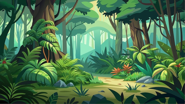 une forêt avec une forêt et un chemin en arrière-plan