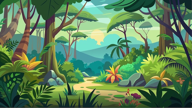 une forêt avec une forêt et des montagnes en arrière-plan