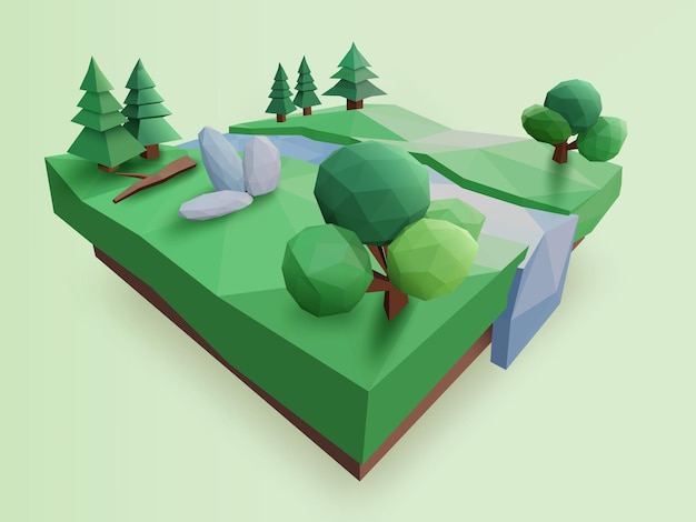 Forêt Géométrique Low Poly, Arbre, Rivière Et Style Polygonal Bas De Roche, Illustration Vectorielle