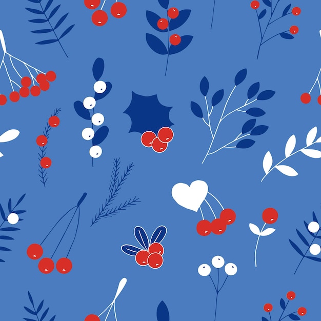 Forêt d'hiver baies et plantes modèle sans couture illustration vectorielle dessin à la main couleurs bleus et blancs rouges