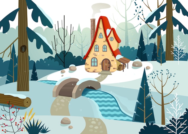 Forêt d'hiver avec une maison et un pont sur la rivière. Maison entourée d'arbres et de neige. illustration.