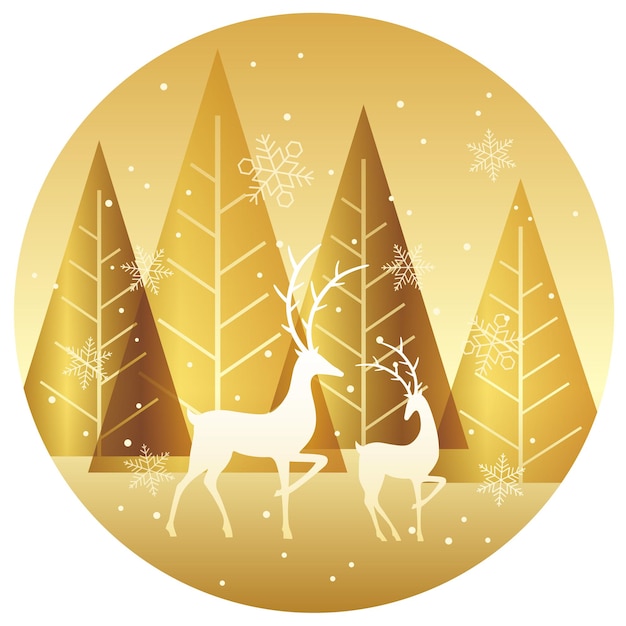 Forêt D'hiver D'or Ronde Avec Des Rennes. Illustration Vectorielle Isolée Sur Fond Blanc.