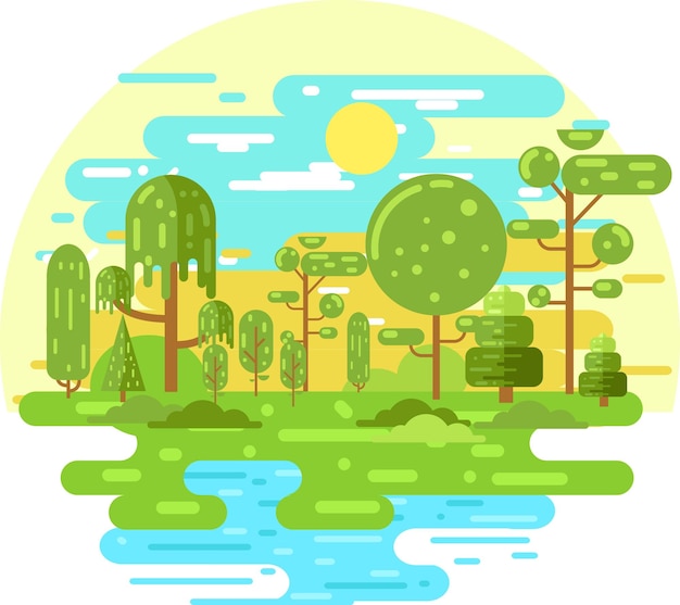 Forêt Et Lac Le Soir Avec Illustration Design Plat