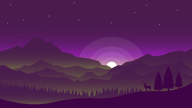Forêt de montagne de paysage de fond avec des cerfs Vecteur gratuit