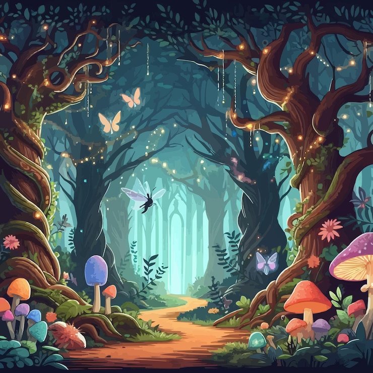 Vecteur une forêt mystique avec d'anciens arbres, une végétation luxuriante et des lumières de fées étincelantes en arrière-plan.