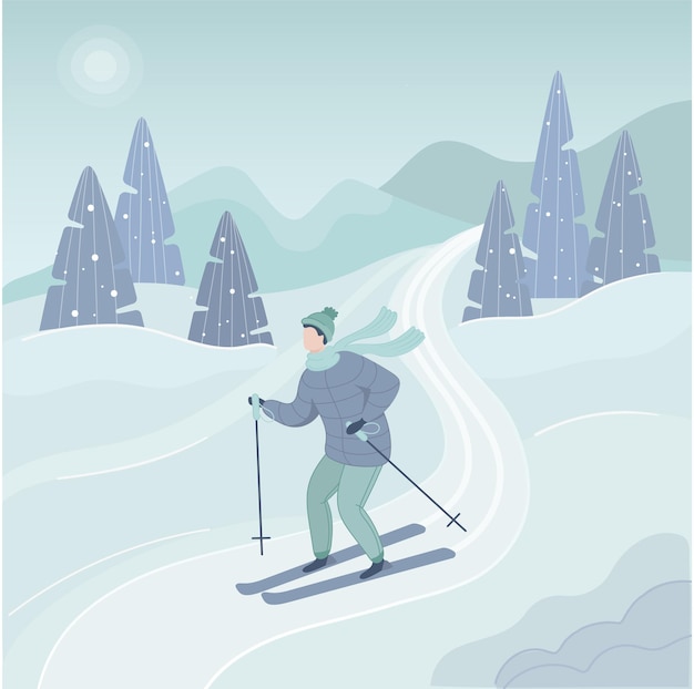 Forêt de neige illustration avec skieur. Nature de paysage d'hiver