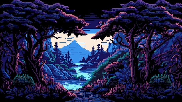 Forêt De Nuit Et Paysage Fluvial Ai A Généré Une Scène De Jeu De Pixels 8 Bits Avec Fond De Vecteur Nature Paysage De Vallée De Montagne Vue Arbres Forestiers Plantes Et Fleurs Sur Les Rives Rocheuses De La Rivière Qui Coule