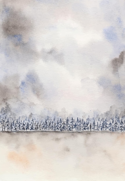 Forêt De Pins à L'aquarelle Sur Les Vibrations Hivernales.