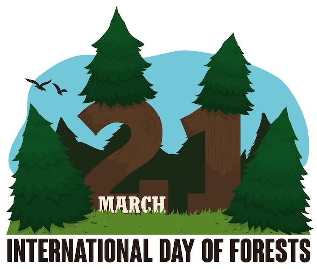 Forêt De Pins Avec Quelques Oiseaux Et Le Numéro 21 Tout Fait De Bois Pour La Journée Internationale Des Forêts