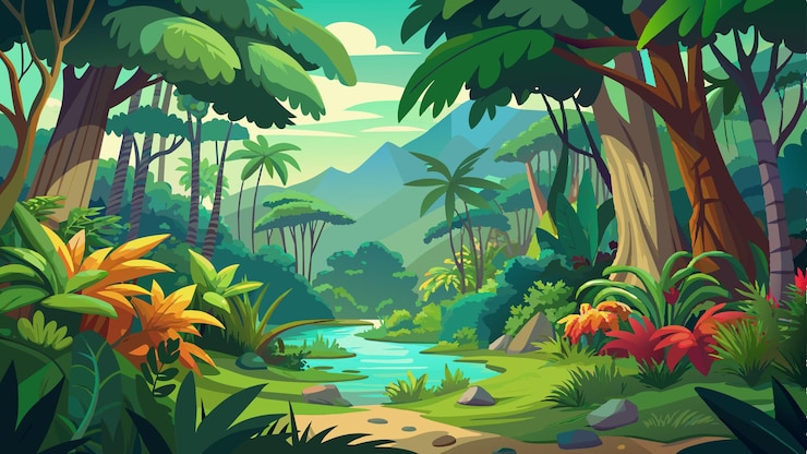 Vecteur une forêt avec une rivière et des montagnes en arrière-plan