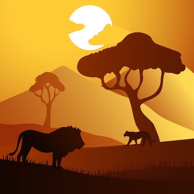 Vecteur forêt de savane silhouette avec animal