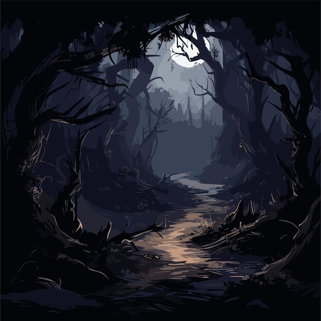 Vecteur une forêt sombre avec un chemin fond de jeu paysage jeu vidéo fantaisie fond d'écran montagne