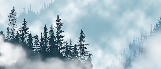 Forêt et taïga de montagne dans le brouillard du matin vue panoramique illustration