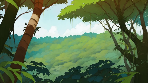 Forêt Tropicale Dense Avec Un Magnifique Paysage Céleste Illustration Détaillée Dessinée à La Main