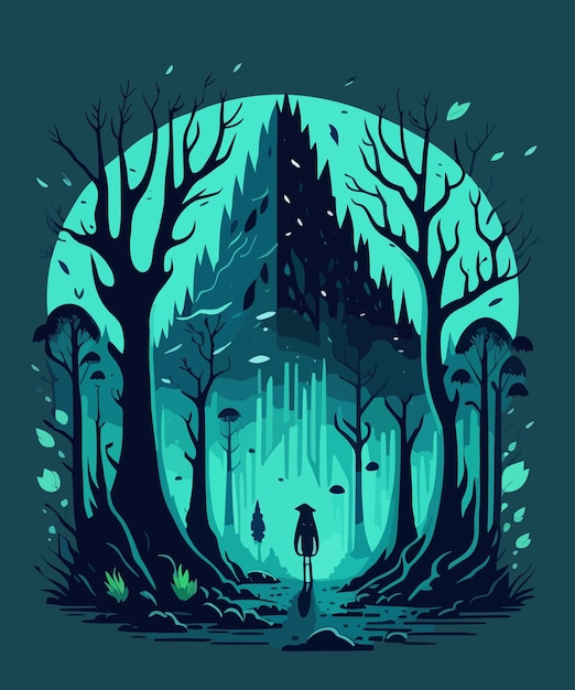 Vecteur une forêt vectorielle paysage mystérieux nuit forêt lune ciel étoilé dessin d'illustration artistique