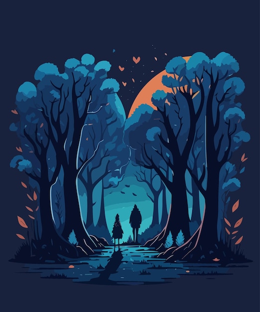 Une Forêt Vectorielle Paysage Mystérieux Nuit Forêt Lune Ciel étoilé Dessin D'illustration Artistique