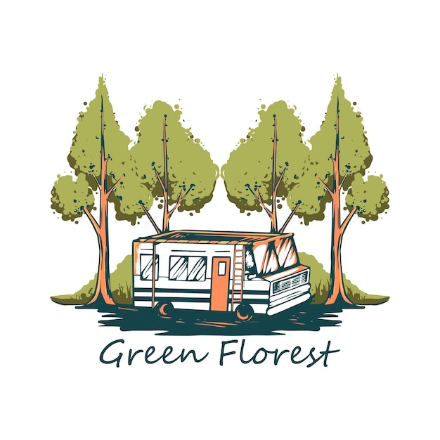 Vecteur forêt verte avec illustration de bus de camping