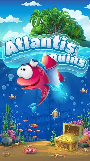 Format mobile de l'interface graphique Atlantis Ruins. Paysage de la vie marine - l'océan et le monde sous-marin avec des poissons amusants.