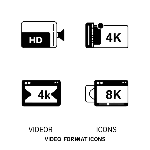 Format de vidéo Icones de résolution HD 4K et 8K Symboles