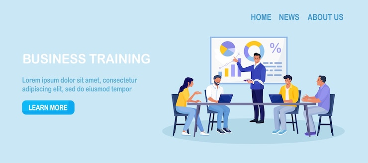 Vecteur formation en affaires coaching et éducation mentor présentant des graphiques diagrammes et rapports devant le public coach s'exprimant devant des hommes d'affaires lors d'une conférence lecture employés réunis lors d'un séminaire