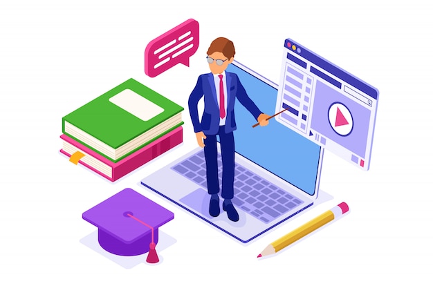 Formation en ligne ou examen à distance avec cours Internet de caractère isométrique e-learning à partir d'un ordinateur portable à la maison avec éducation isométrique de l'enseignant isolée