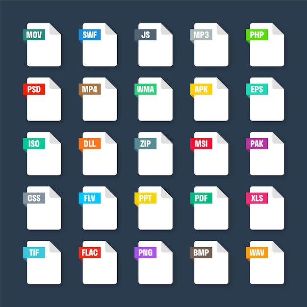 Formats de fichiers système communs types de documents et extensions de style plat icônes document de collection