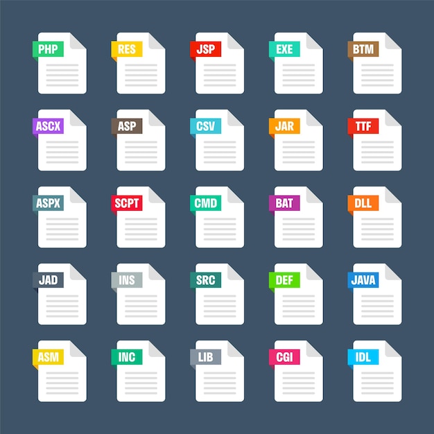 Formats de fichiers système courants types de documents et extensions collection d'icônes de style plat pictogramme de document conception Web modèle d'élément d'interface utilisateur programme informatique ou icône d'application illustration vectorielle