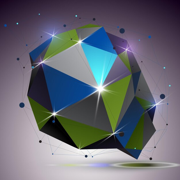 Forme brillante de technologie 3d asymétrique avec des lignes et des points connectés. Élément d'ingénierie lumineux en treillis, idéal pour une utilisation dans la conception de sites Web. Objet maillé dimensionnel.