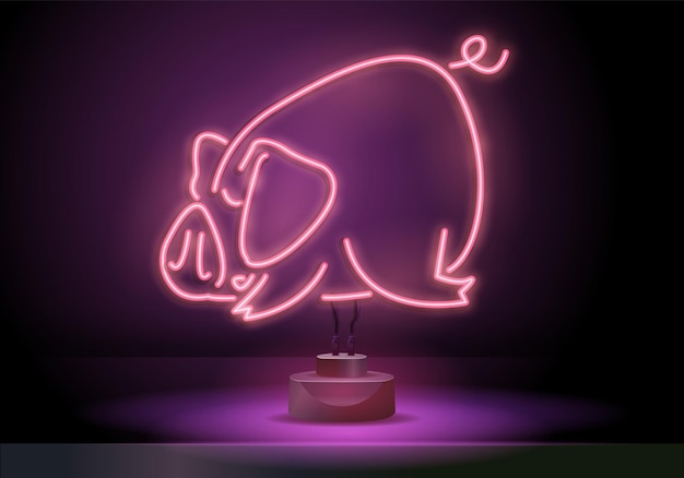 Forme De Cochon Modèle D'enseigne Au Néon Nuit Lumineuse Publicité Illustration Vectorielle Pour Restaurant Café Dîner...