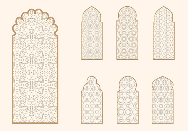 Vecteur forme de fenêtre islamique avec motif mashrabiya cadre de porte arabe éléments d'architecture islamique