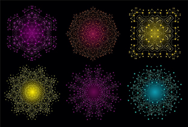 Forme De Treillis Lumineux Coloré De Vecteur, Structure Moléculaire Avec Ensemble De Fond De Lignes Et De Points.