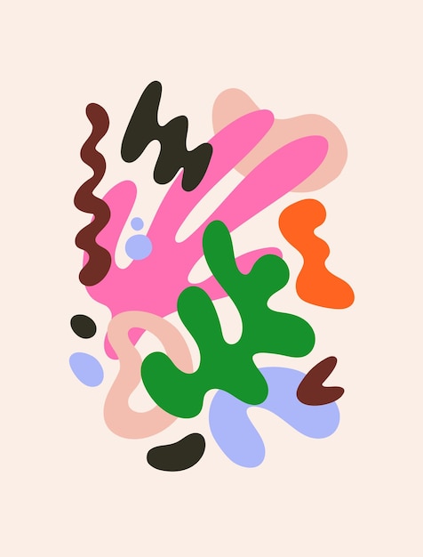 Formes abstraites, éléments fluides modernes, conception de cartes. Art mural créatif à la mode, affiche avec des figures courbes naturelles organiques liquides, des blobs multicolores, une composition de taches. Illustration vectorielle plane